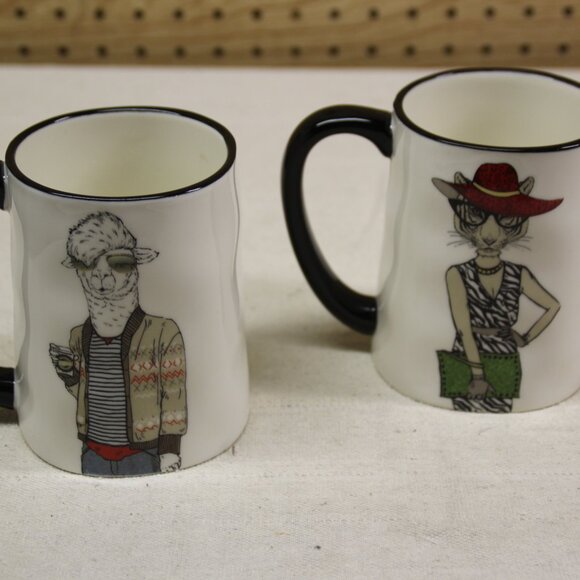 Signature Housewares Mugs Animal Hipster Stoneware Set Of 2 - Cat and Llama - Picture 2 of 4